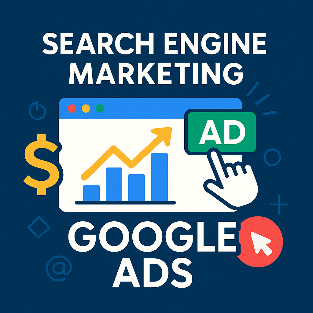 Creative flat-style graphic showing 'Search Engine Marketing' and 'Google Ads' with browser window, upward graph, dollar sign, and ad click icon.
