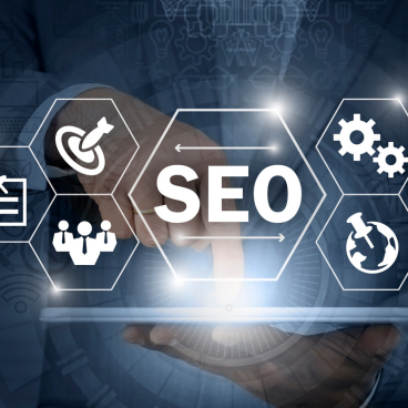 Business professional interacting with virtual interface displaying the word 'SEO' surrounded by digital marketing icons such as target, group, gears, and globe